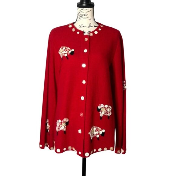 Quacker Factory Womens Embellished Sheep Cardigan Sweater Red Boiled Wool Size M - Picture 1 of 8